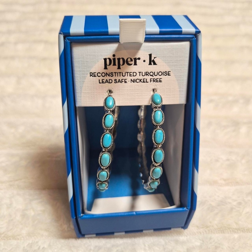 Piper K Turquoise Hoop Earrings Silver Tone Reconstituted Stone Lead Nickel Free